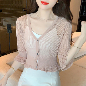 PS32671# 夏季新款韩版七分袖薄款镂空纯色v领针织长袖防晒衣开衫 服装批发女装直播货源