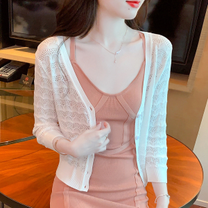 PS32673# 夏季新款韩版镂空七分袖薄款纯色修身v领针织长袖防晒衣开衫 服装批发女装直播货源