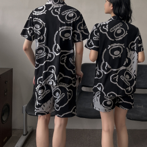 CP1050#长期特价款！情侣短袖开衫睡衣套装 夏季韩版男士女士翻领家居服两件套