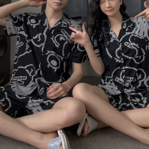 CP1050#长期特价款！情侣短袖开衫睡衣套装 夏季韩版男士女士翻领家居服两件套