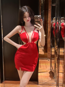 Backless sexy high-level versatile pure desire mesh splicing suspender dress