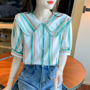 KM23998#薄荷绿撞色条纹双层娃娃领衬衫女设计感小众减龄泡泡袖上