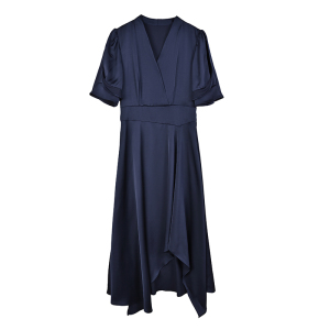 RM6386#高端醋酸缎面连衣裙2023夏季新款收腰显瘦气质设计感不规则中长裙