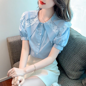PS32766# 蓝色娃娃领衬衫女夏季新款设计感小众蕾丝显瘦泡泡袖上衣 服装批发女装直播货源