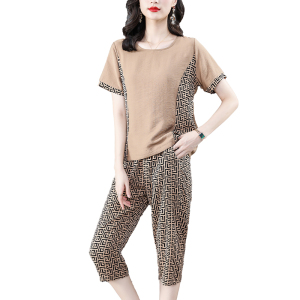 RM5209#大码女装2023新款胖mm减龄遮肚休闲短袖九分裤套装
