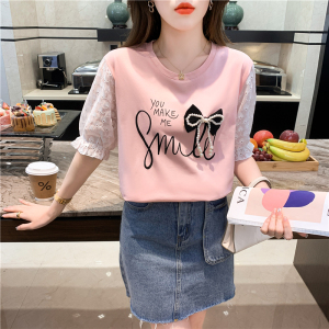 PS32176# 夏季新款立体蝴蝶结设计感上衣韩版蕾丝印花短袖T恤女 服装批发女装直播货源