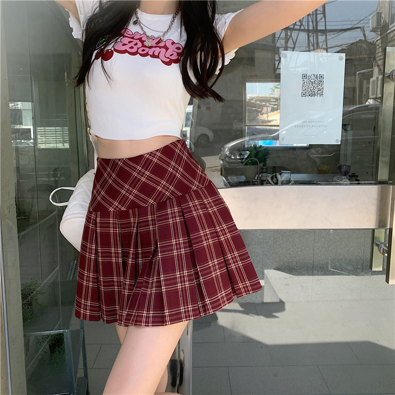 實拍實價 高腰格紋裙a字裙格子裙顯瘦百褶裙春夏jk短裙半身裙女