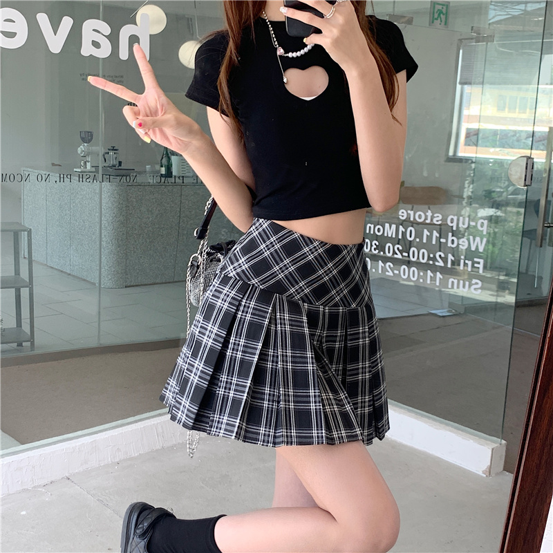 實拍實價 高腰格紋裙a字裙格子裙顯瘦百褶裙春夏jk短裙半身裙女