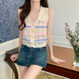 PS34196# 夏季新款小众甜美v领镂空设计感针织无袖开衫上衣女 服装批发女装直播货源