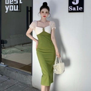 RM1777#法式复古连衣裙夏季宫廷赫本绿色拼接短袖显瘦气质小礼服长裙