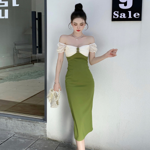 RM1777#法式复古连衣裙夏季宫廷赫本绿色拼接短袖显瘦气质小礼服长裙