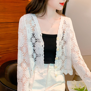 PS32674# 夏季新款韩版长袖薄款纯色v领针织长袖镂空防晒衣开衫 服装批发女装直播货源