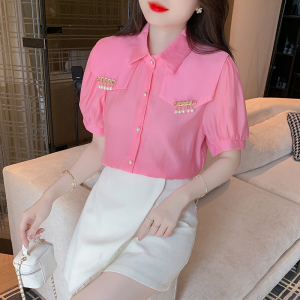 PS32653# 衬衫女夏季新款设计感小众短袖衬衣法式气质粉色小上衣 服装批发女装直播货源