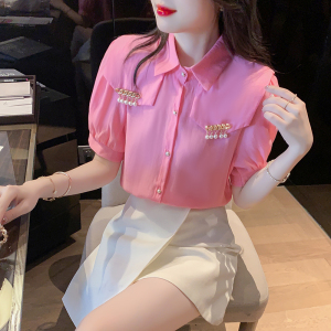 PS32653# 衬衫女夏季新款设计感小众短袖衬衣法式气质粉色小上衣 服装批发女装直播货源
