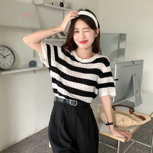 CX9184# 最便宜服装批发黑白条纹针织衫女装薄款设计感夏季韩版新款短款镂空短袖上衣