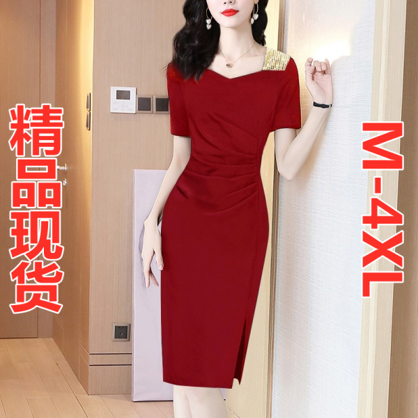KM19028#新款女夏女士修身气质洋气OL包臀裙一步裙红色裙子夏季