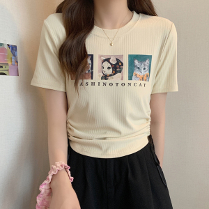 PS32372# 胖MM夏季新款韩系设计感抽绳圆领短袖上衣女印花小衫 服装批发女装直播货源