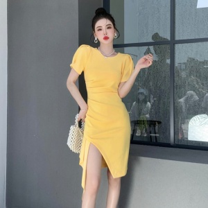 PS33312# 黄色设计感不规则修身连衣裙女夏季新款泡泡袖小众中长裙 服装批发女装直播货源