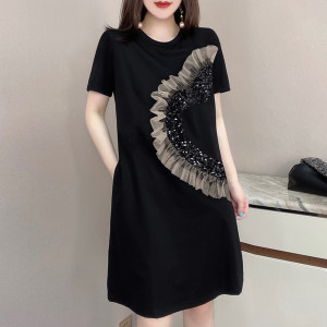 MY3257#洋气高级感裙子网纱拼接收腰气质连衣裙女2022年夏季新款