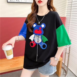 TR35137# 夏装韩版棉宽松拼接插色立体装饰中长款大码女装T恤女 服装批发女装批发服饰货源