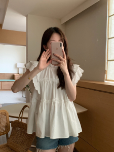 PS40706# 韩风设计感法式甜美飞飞袖褶皱拼接白色娃娃衫上衣衬衫 服装批发女装直播货源