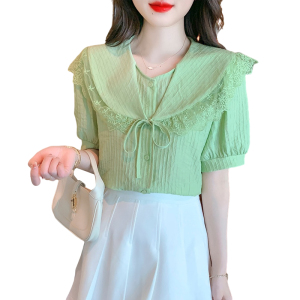 PS44732# 夏季新款小清新甜美娃娃领别致设计感短袖衬衫上衣 服装批发女装直播货源