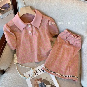 PS34661# 小香风Polo领粉色短袖套装女夏季新款甜美显瘦A字半裙两件套
