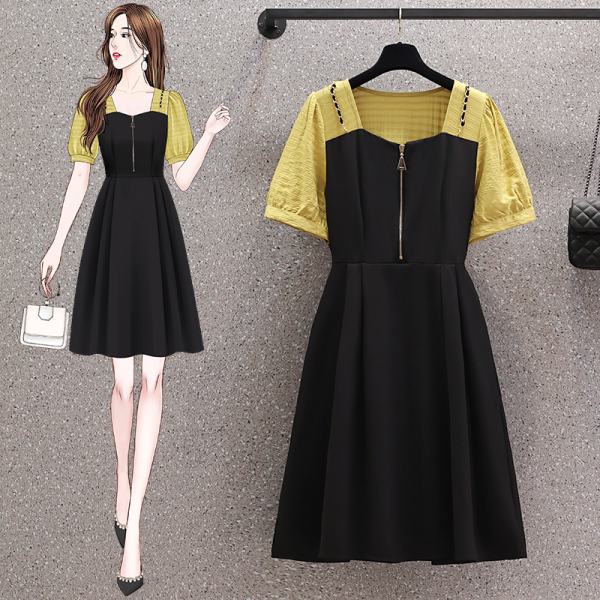 RM2403#新款大码女装夏季时尚气质显瘦撞色方领假两件拼接连衣裙