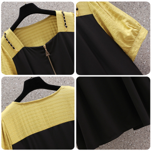 RM2403#新款大码女装夏季时尚气质显瘦撞色方领假两件拼接连衣裙