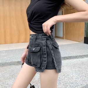 PS35532# 双口袋牛仔短裤女新款高腰热裤显瘦显高黑色夏宽松薄款宽松潮 服装批发女装直播货源