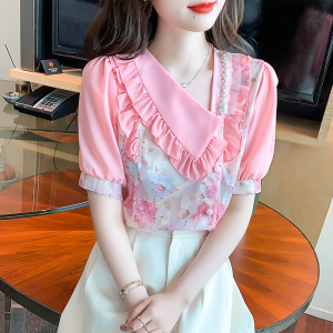 KM20498#夏装新款韩版娃娃领短袖印花荷叶边雪纺衫上衣女
