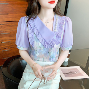 PS43386# 夏装新款韩版娃娃领短袖印花荷叶边雪纺衫上衣女 服装批发女装直播货源