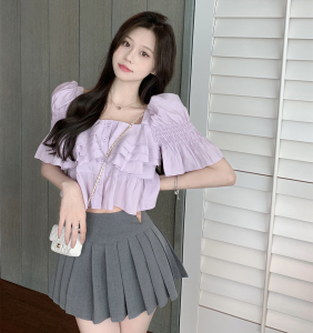 PS34605# 夏新款韩版洋气方领叠叠荷叶边显瘦泡泡袖甜美衬衫女