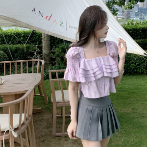 PS34605# 夏新款韩版洋气方领叠叠荷叶边显瘦泡泡袖甜美衬衫女