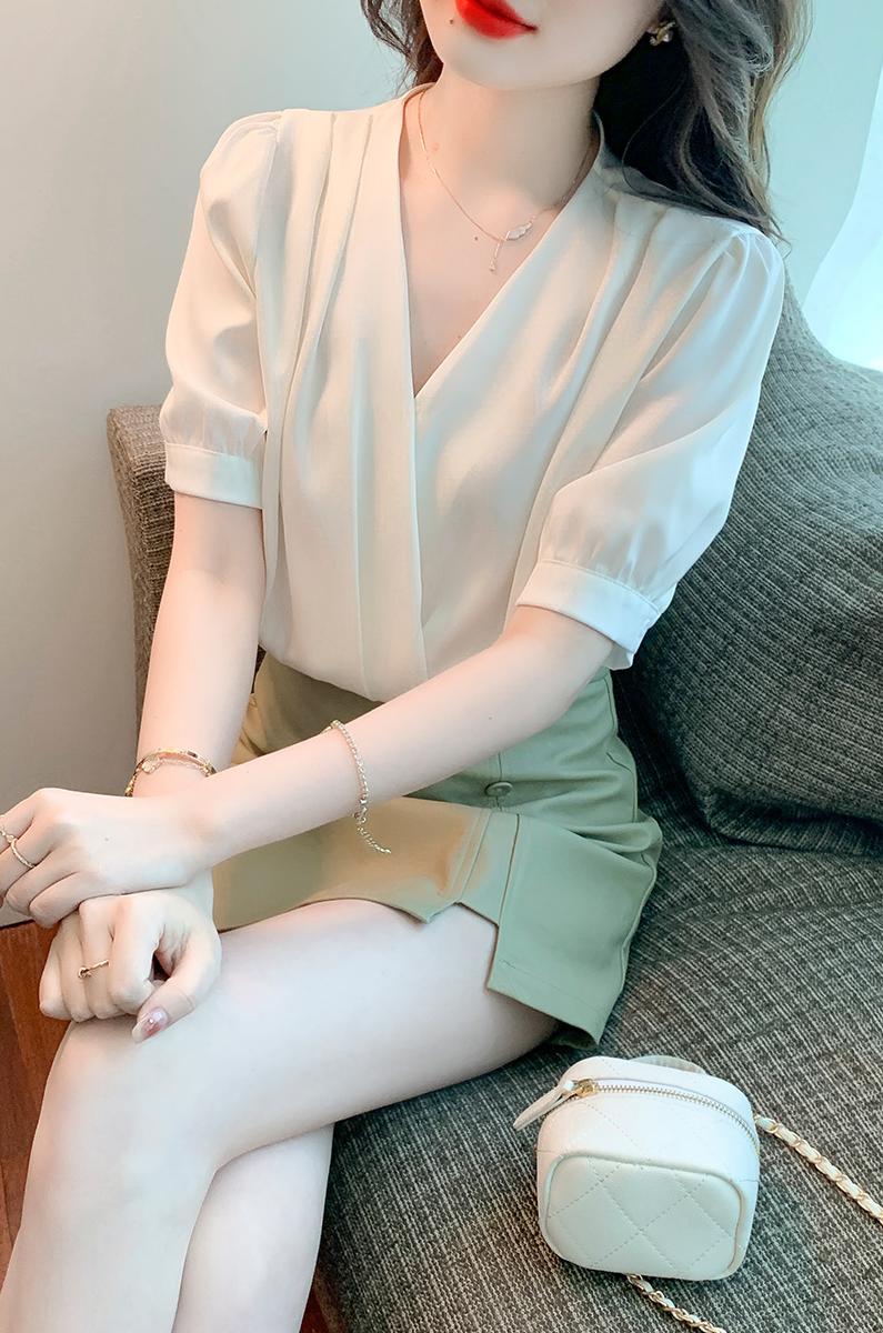實拍2026夏季新款韓版百搭V領短袖緞面襯衫女上衣夏