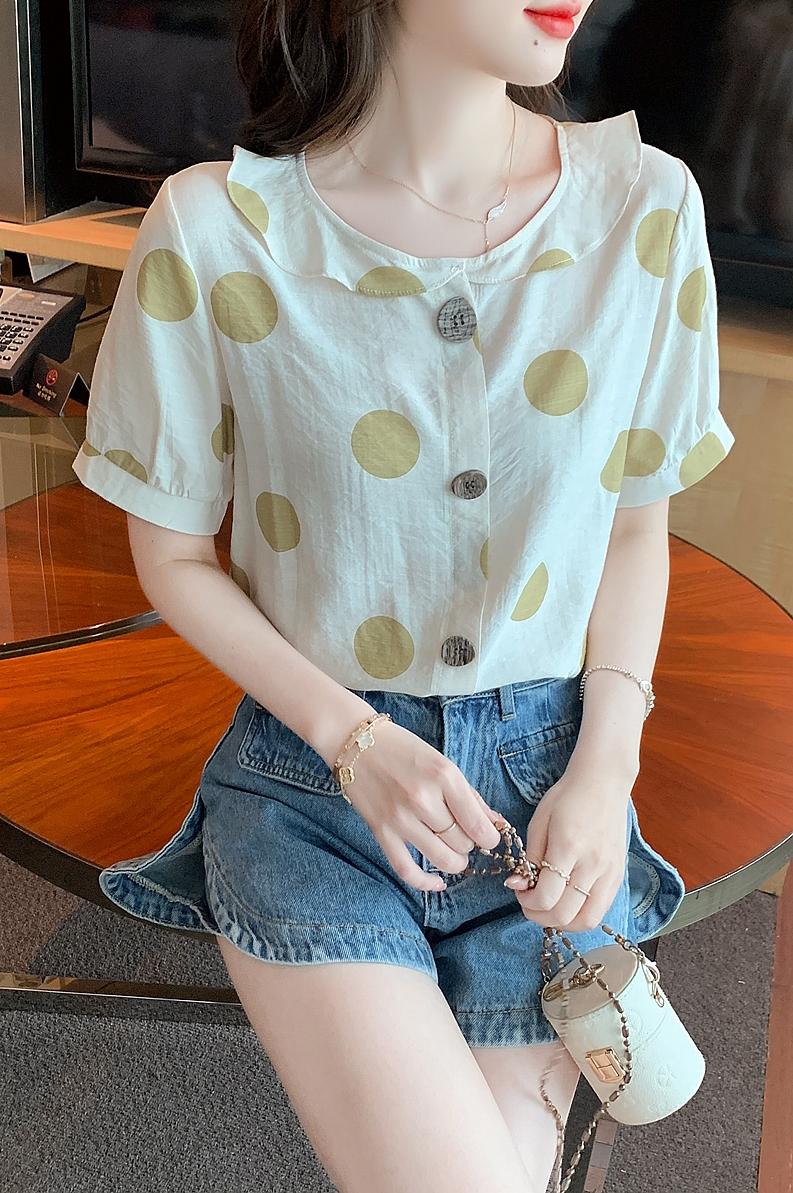胖妹妹夏季2026新款t恤女設計感襯衫短袖雪紡衫遮肚子娃娃領上衣