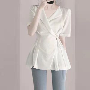 KM15769#高级感洋气白色衬衫女装2022夏季新款短袖衬衣西装领收腰上衣