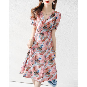PS34752# 水墨印花夏季一片式V领气质夏季裙子修身收腰连衣裙