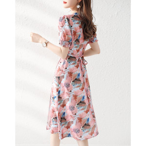 PS34752# 水墨印花夏季一片式V领气质夏季裙子修身收腰连衣裙