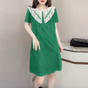 KM18210#气质设计感娃娃领绿色A字裙短袖连衣裙女欧洲站2022夏季新款欧货