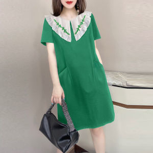 KM18210#气质设计感娃娃领绿色A字裙短袖连衣裙女欧洲站2022夏季新款欧货