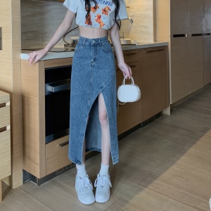 TR36397# 高腰不规则开叉中长款包臀A字裙子夏季女 新款牛仔半身裙