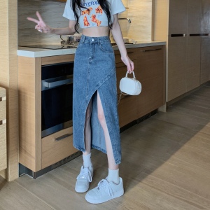 TR36397# 高腰不规则开叉中长款包臀A字裙子夏季女 新款牛仔半身裙