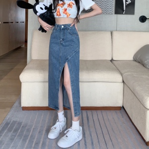 TR36397# 高腰不规则开叉中长款包臀A字裙子夏季女 新款牛仔半身裙