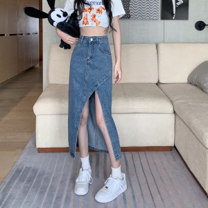 TR36397# 高腰不规则开叉中长款包臀A字裙子夏季女 新款牛仔半身裙