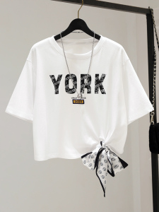 PS34367# 短袖t恤女夏季新款韩版潮设计感小众白色绑带宽松短款上衣 服装批发女装直播货源