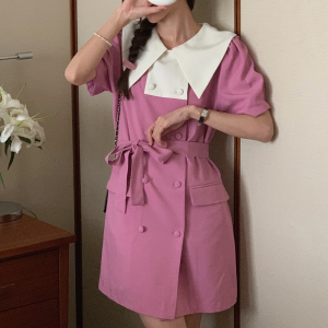 PS34202# 韩版法式娃娃领双排扣西装显瘦系带连衣裙 服装批发女装直播货源