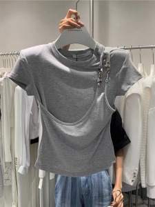 PS34691# 夏季新款设计感小众上衣女欧货金属扣修身显瘦百搭短袖T恤潮