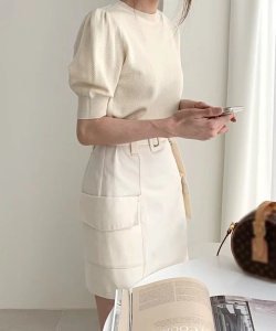 KM15932#韩国chic小香风冰丝针织衫女夏季洋气修身短袖上衣半身裙两件套