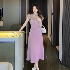 KM19294#夏季新款两件套紫色吊带裙国风复古新中式改良旗袍连衣裙